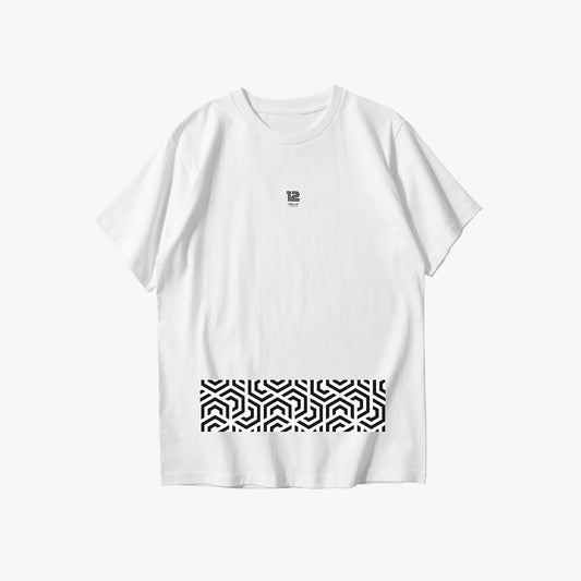 White t-shirt with black geometric pattern on a white background