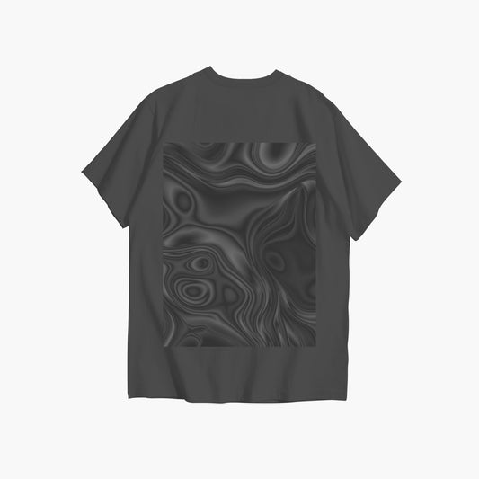 Black t-shirt with a textured design on the back against a white background