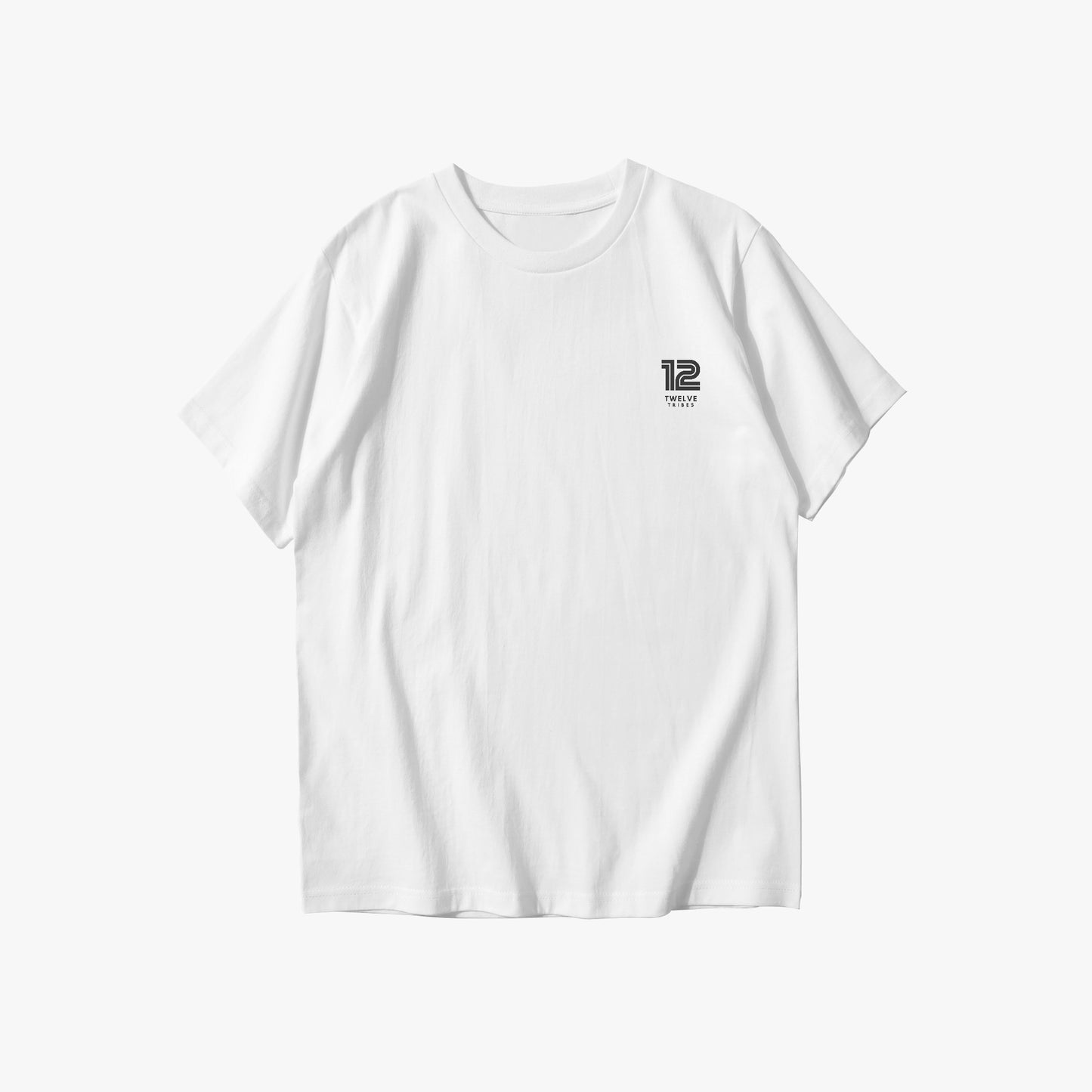 White t-shirt with a small black logo on a white background