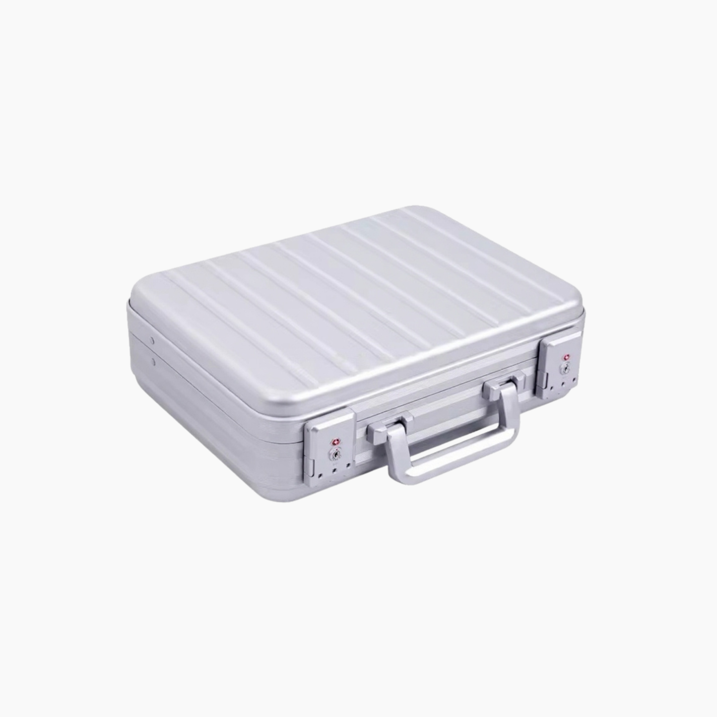 Silver aluminum metallic briefcase on a white background