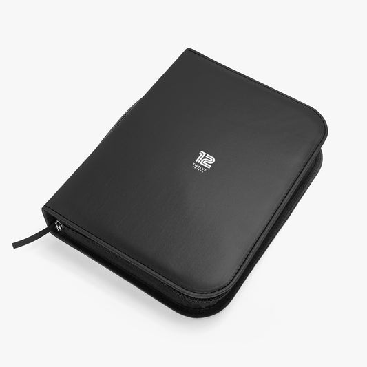 Black zippered case with a logo on a white background