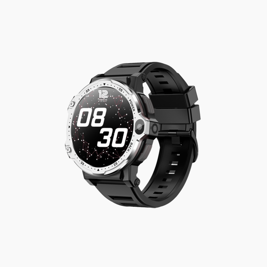 Black smartwatch with a digital display on a white background