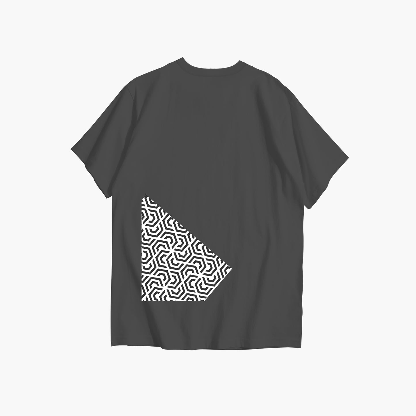 Black t-shirt with a white geometric pattern on the back against a white background