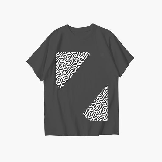 Black t-shirt with white geometric pattern on a white background
