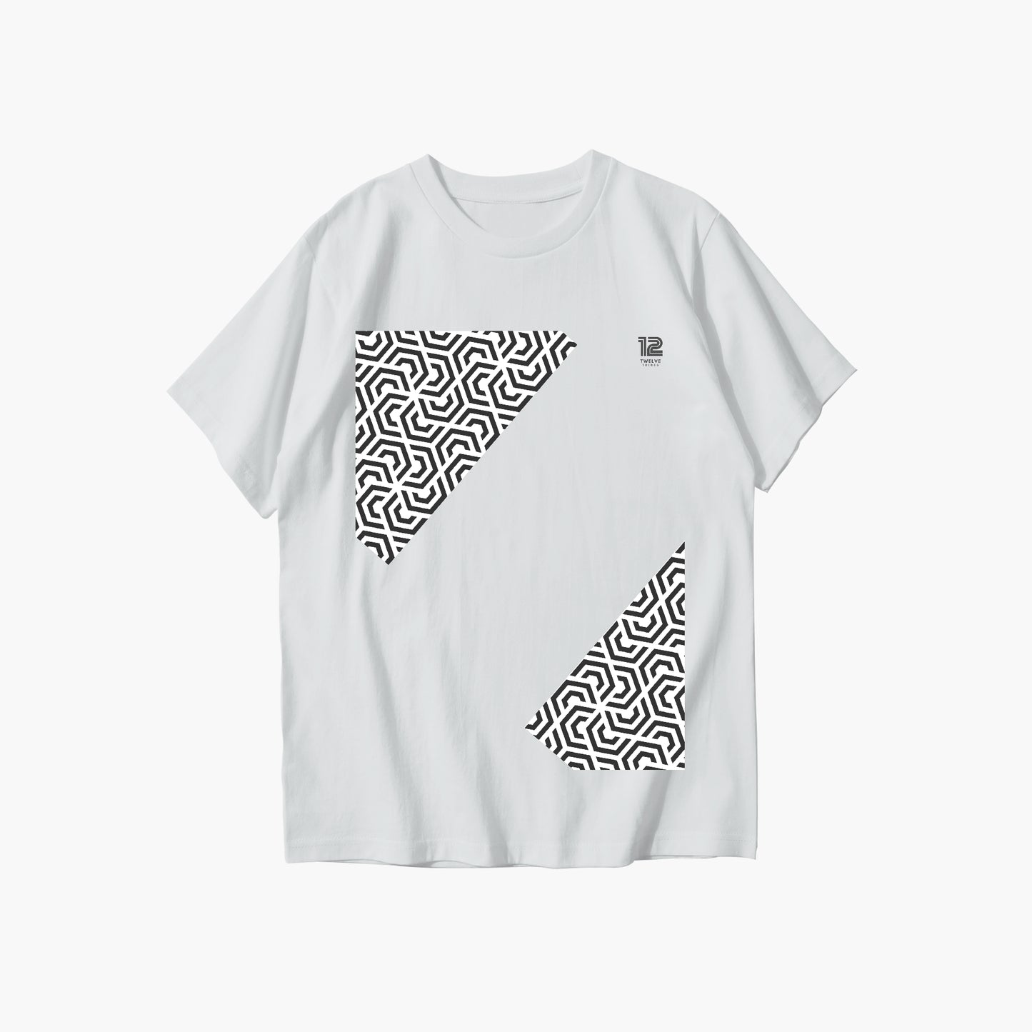 White t-shirt with black geometric pattern on a white background