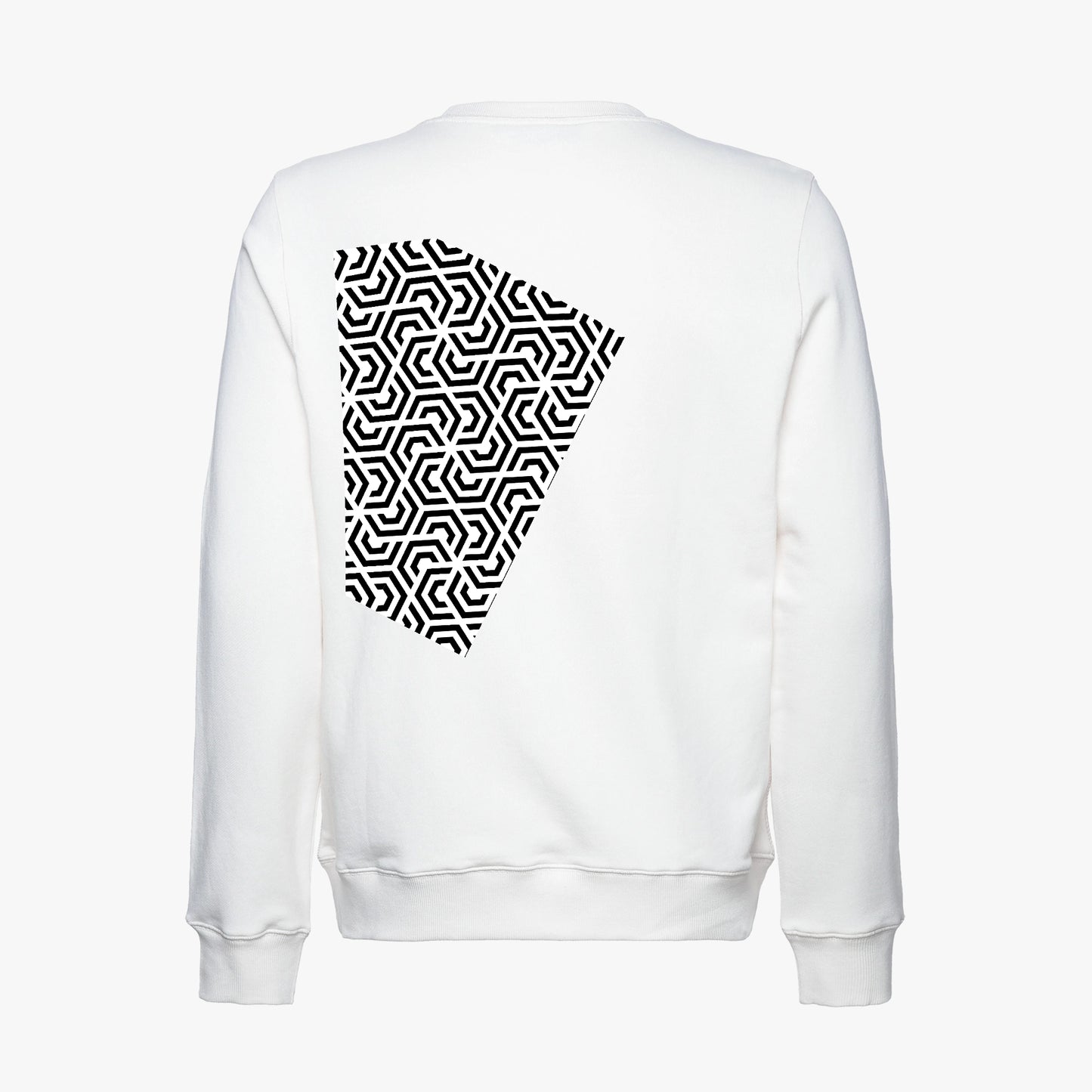 White sweatshirt with a black geometric pattern on the back against a white background
