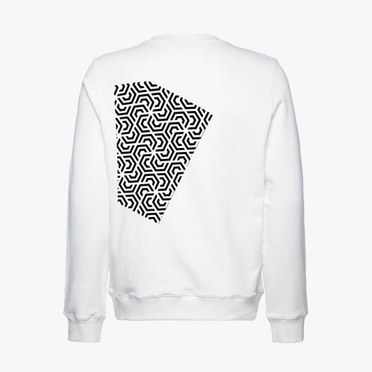 White sweatshirt with a black geometric pattern on the back against a white background