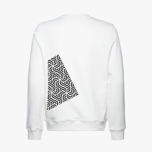 White sweatshirt with a black geometric pattern on the back against a white background