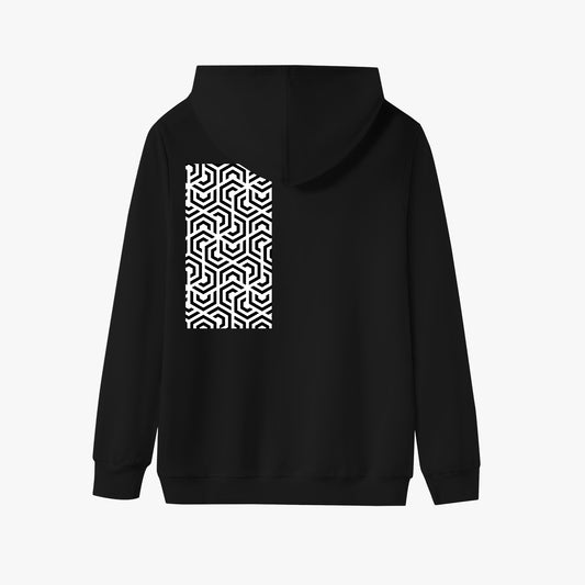 Black hoodie with a geometric pattern on the back against a white background