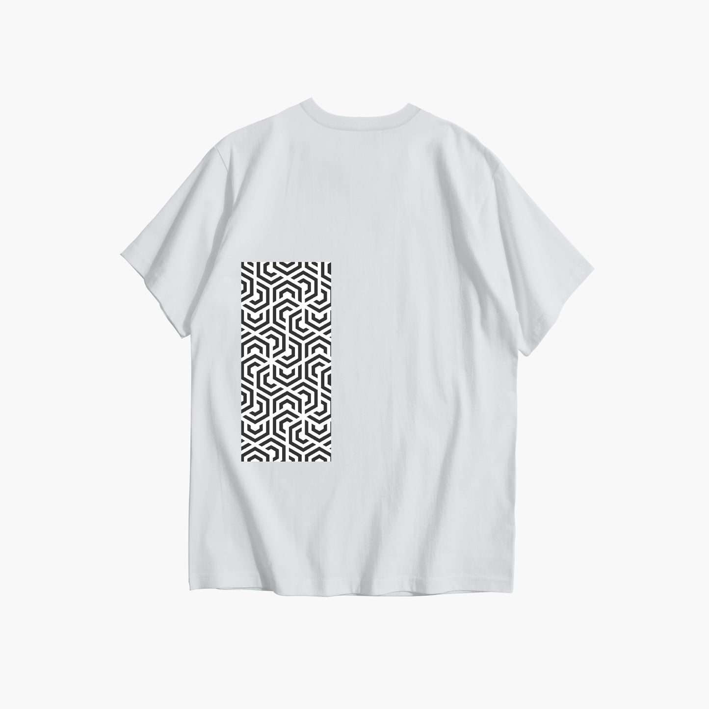 White t-shirt with a black geometric pattern on the back against a white background