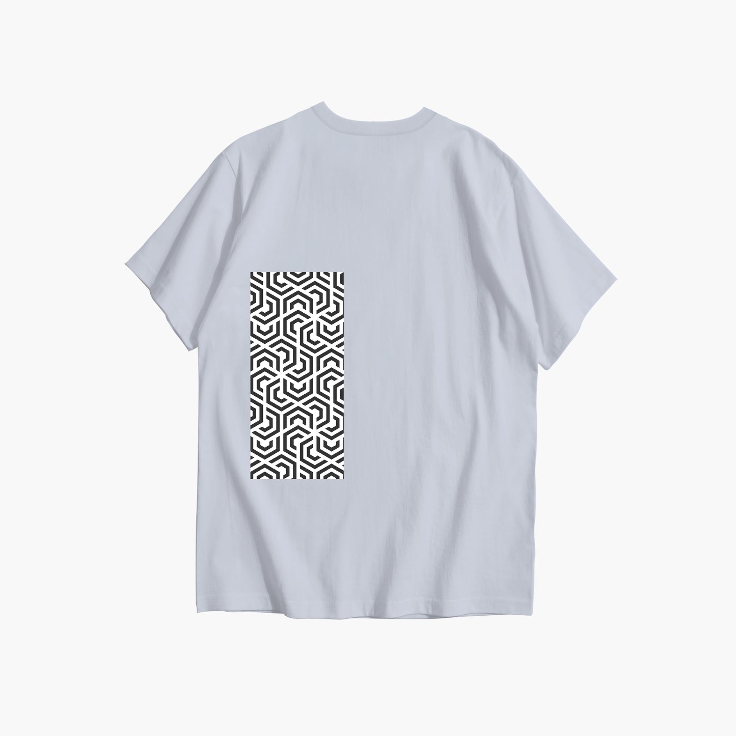 White t-shirt with a black geometric pattern on the back against a white background