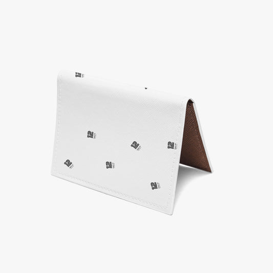 White card with black text and a brown triangle on a white background