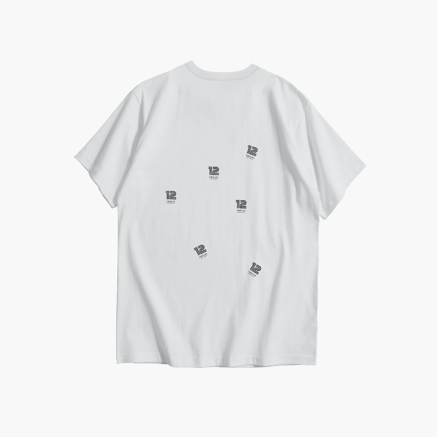 White t-shirt with small black logos on a white background