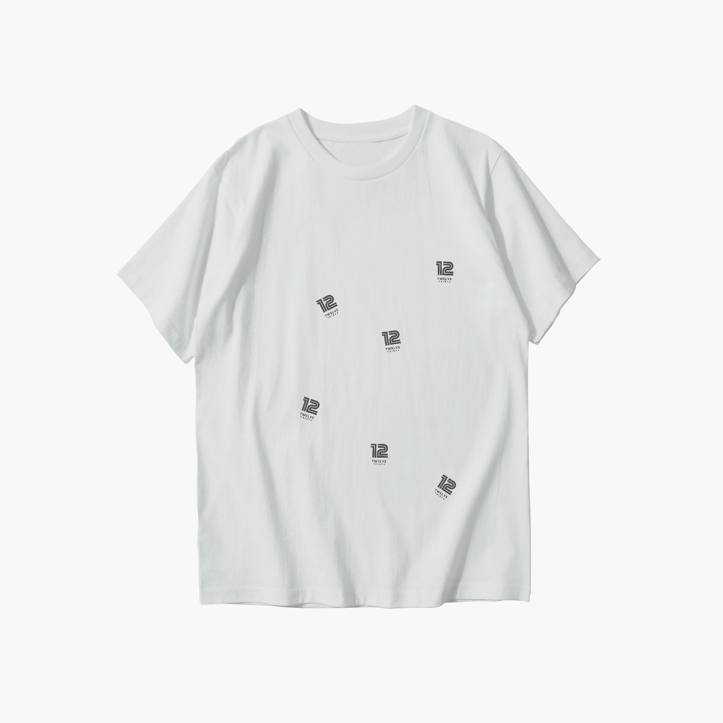 White t-shirt with small black logos on a white background