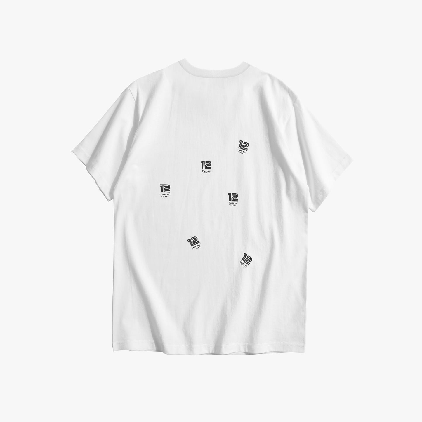 White t-shirt with small black logos on a white background