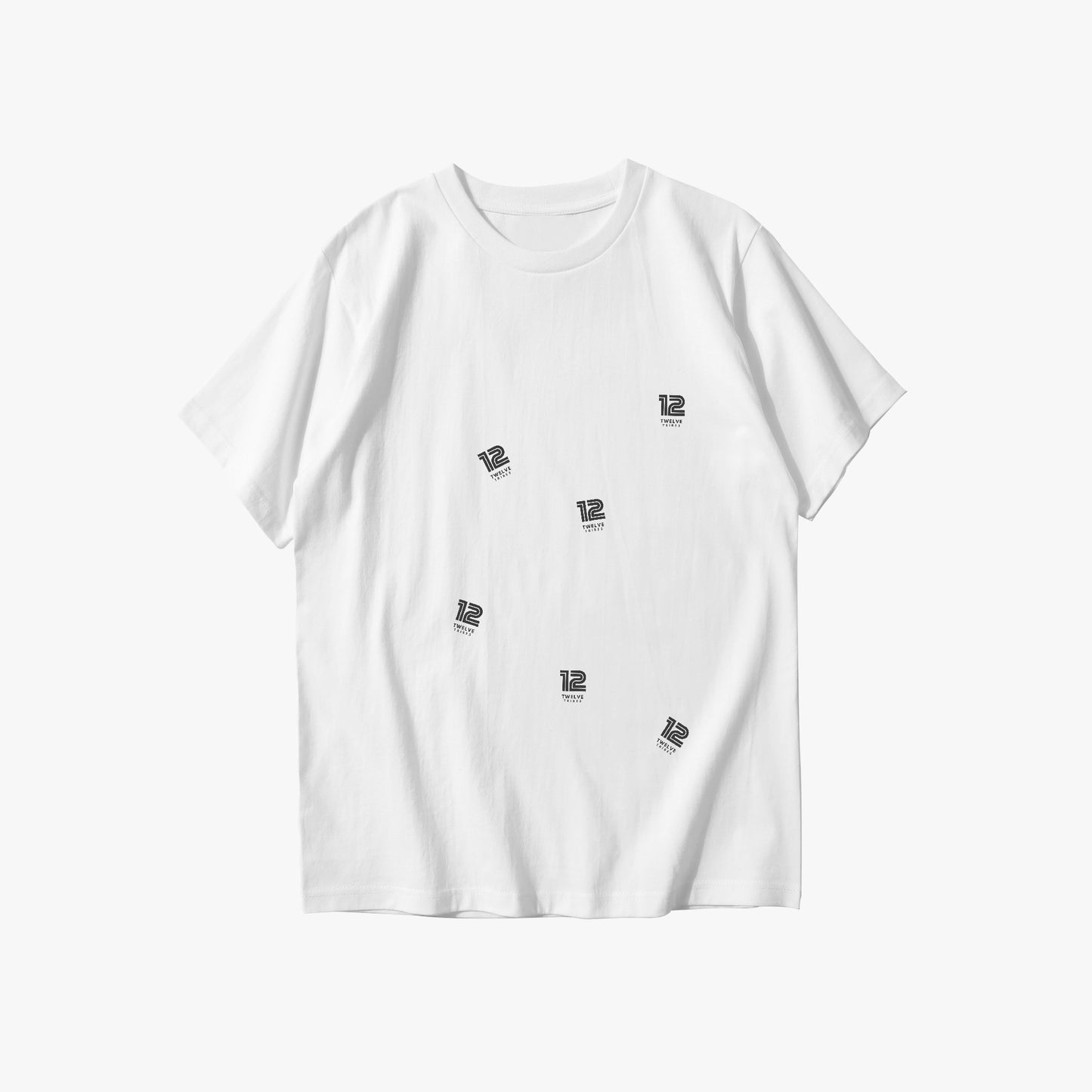 White t-shirt with small black logos on a white background