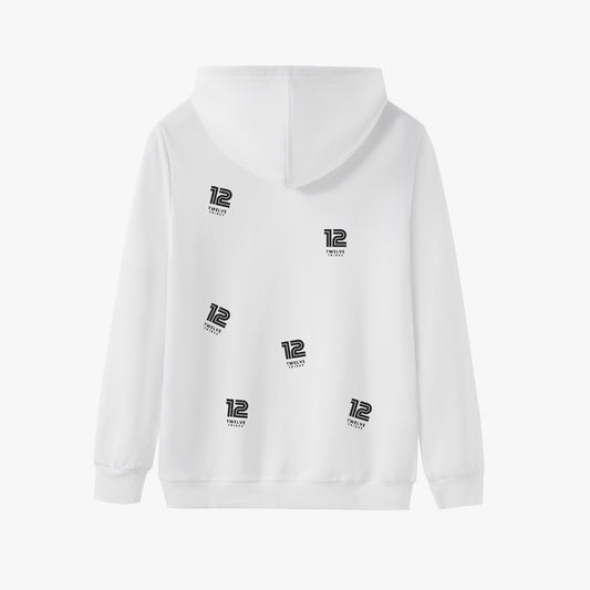 White hoodie with black logos on a white background