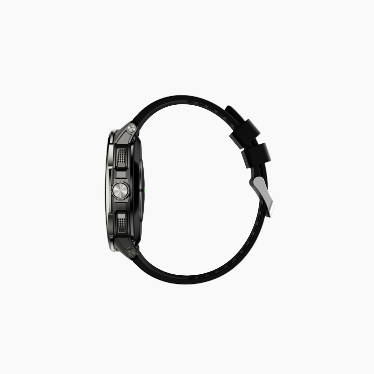 Black wristwatch with a detailed case on a white background