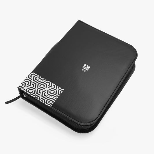 Black organizer with geometric pattern on a white background