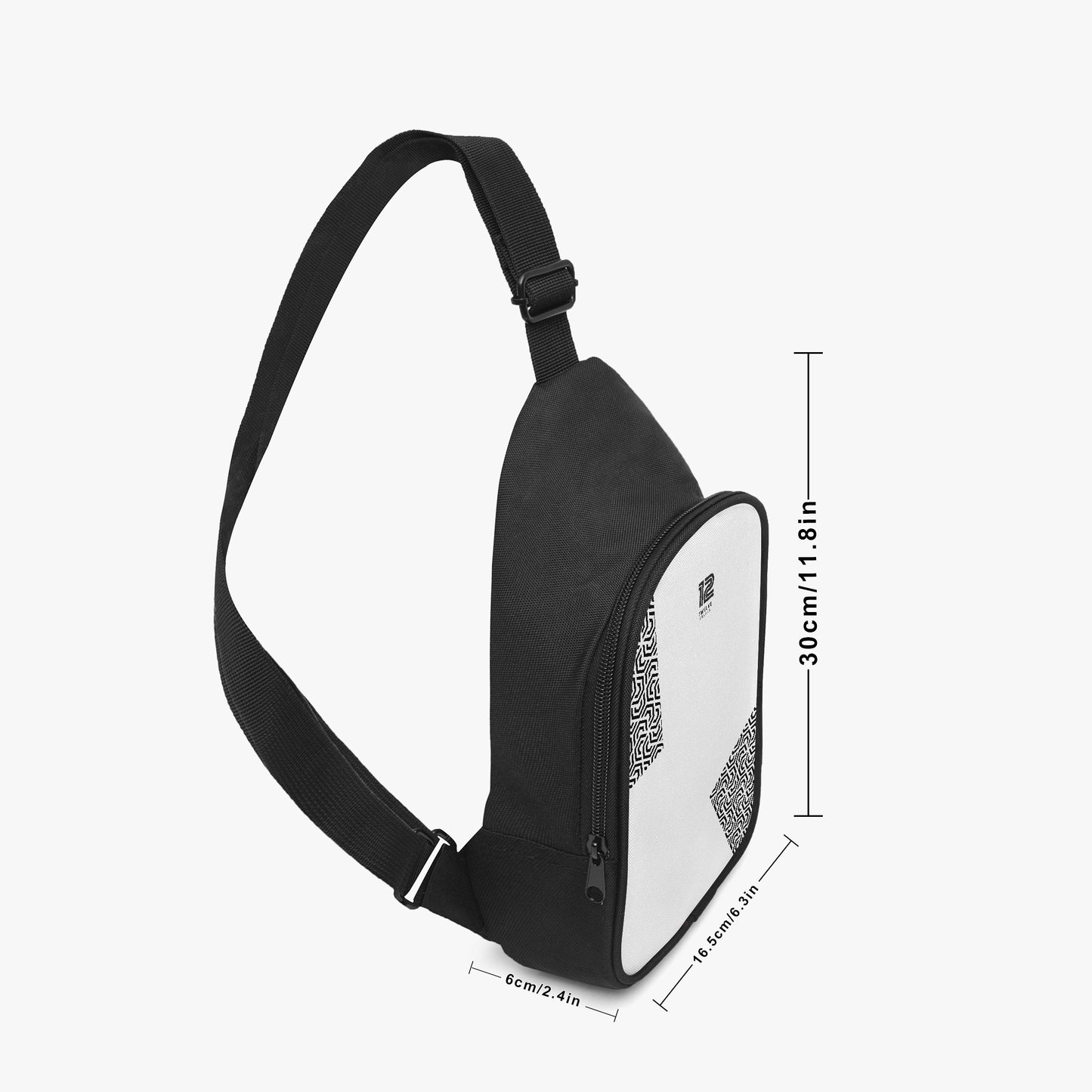 Black sling bag with measurement details on a white background