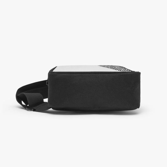 Black and white rectangular bag with a strap on a white background