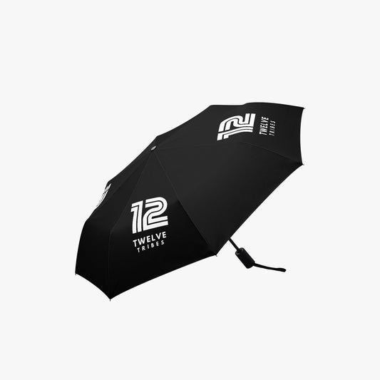 Black umbrella with '12 Tribes' branding on a white background