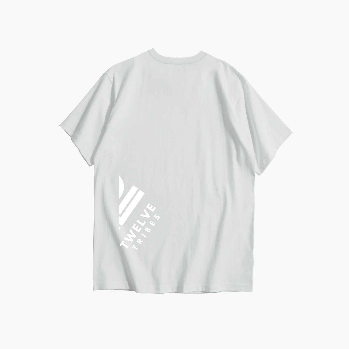White t-shirt with a logo and text on the back against a white background