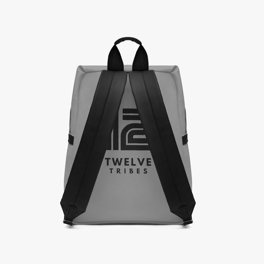 Gray backpack with black accents and '12 Tribes' logo on a white background