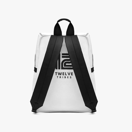 White backpack with black straps and 'Twelve Tribes' logo on a white background