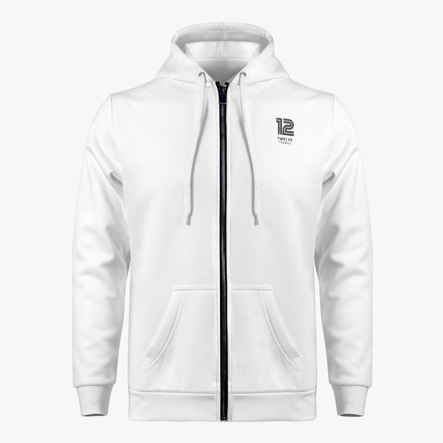 White hoodie with a zipper and logo on a white background