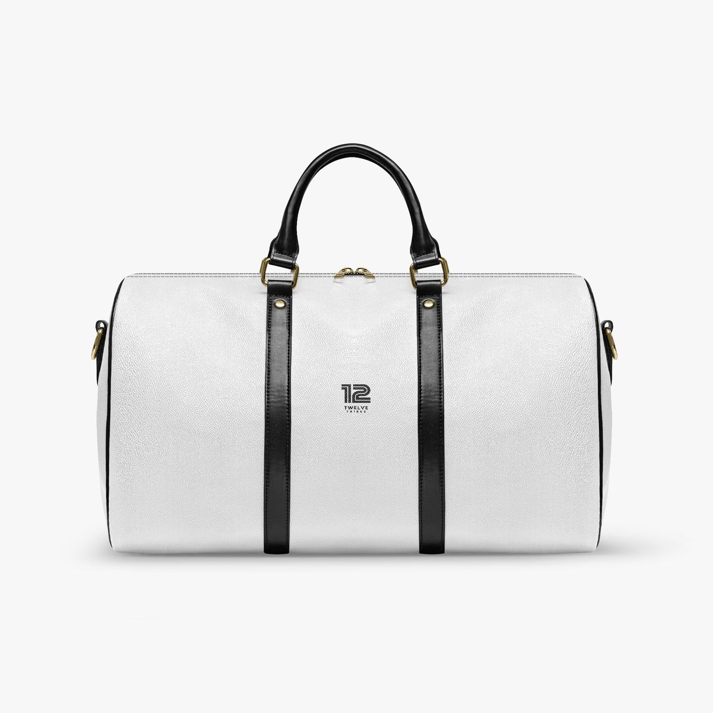 White duffel bag with black straps on a white background