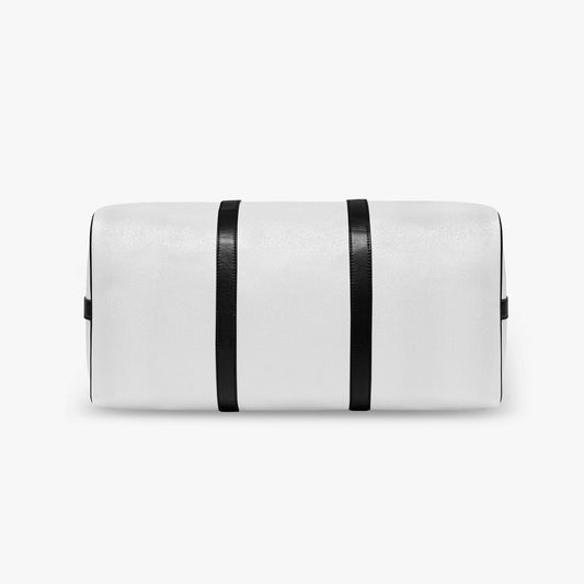 White cylindrical pouch with black straps on a white background