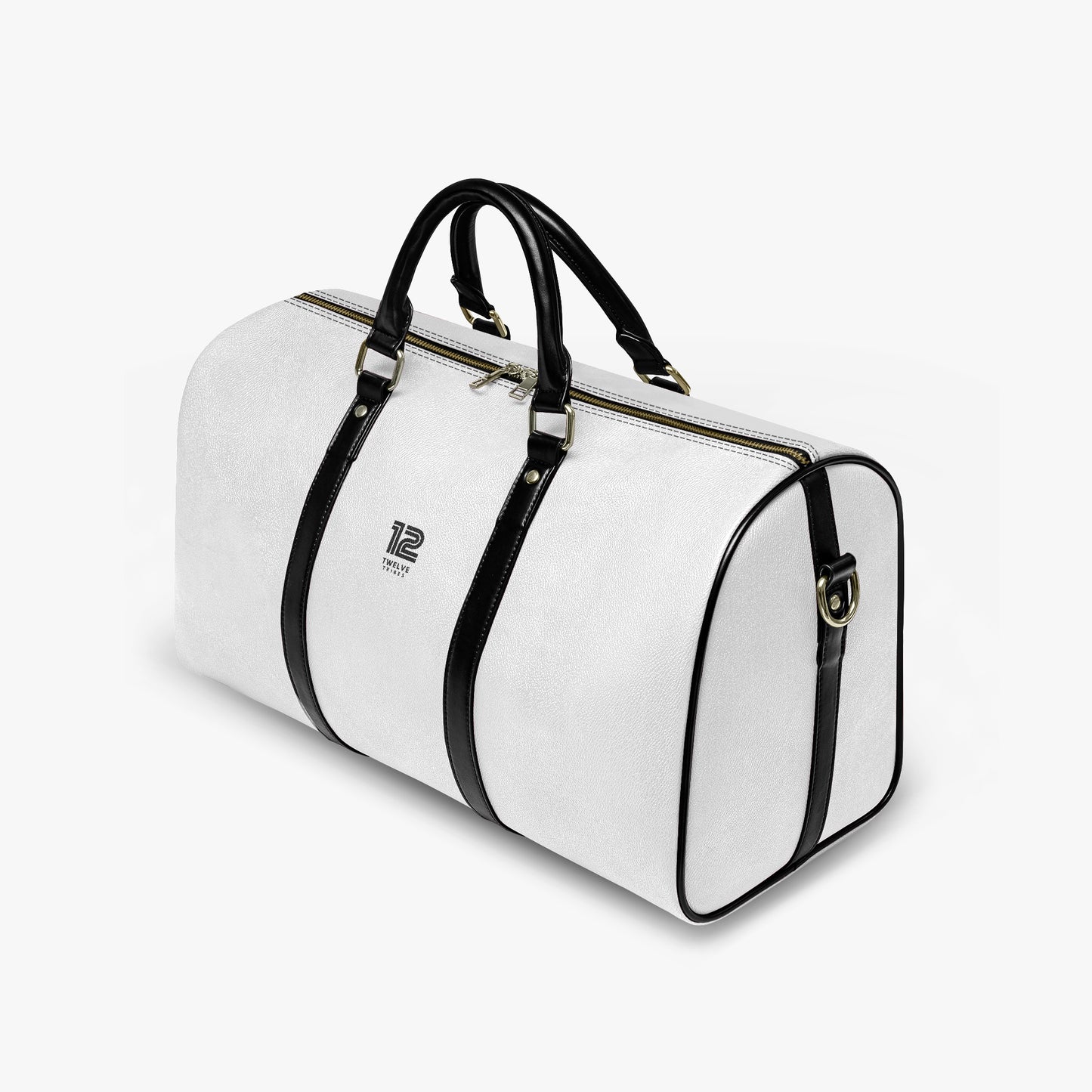 White duffel bag with black straps on a white background