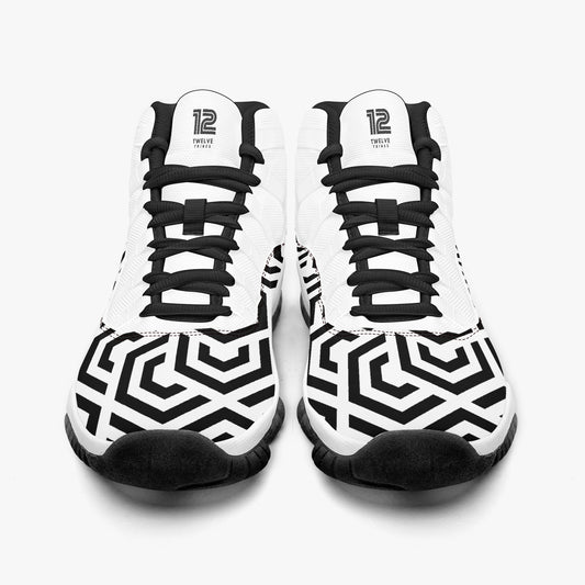 Black and white athletic shoes with geometric pattern on a white background
