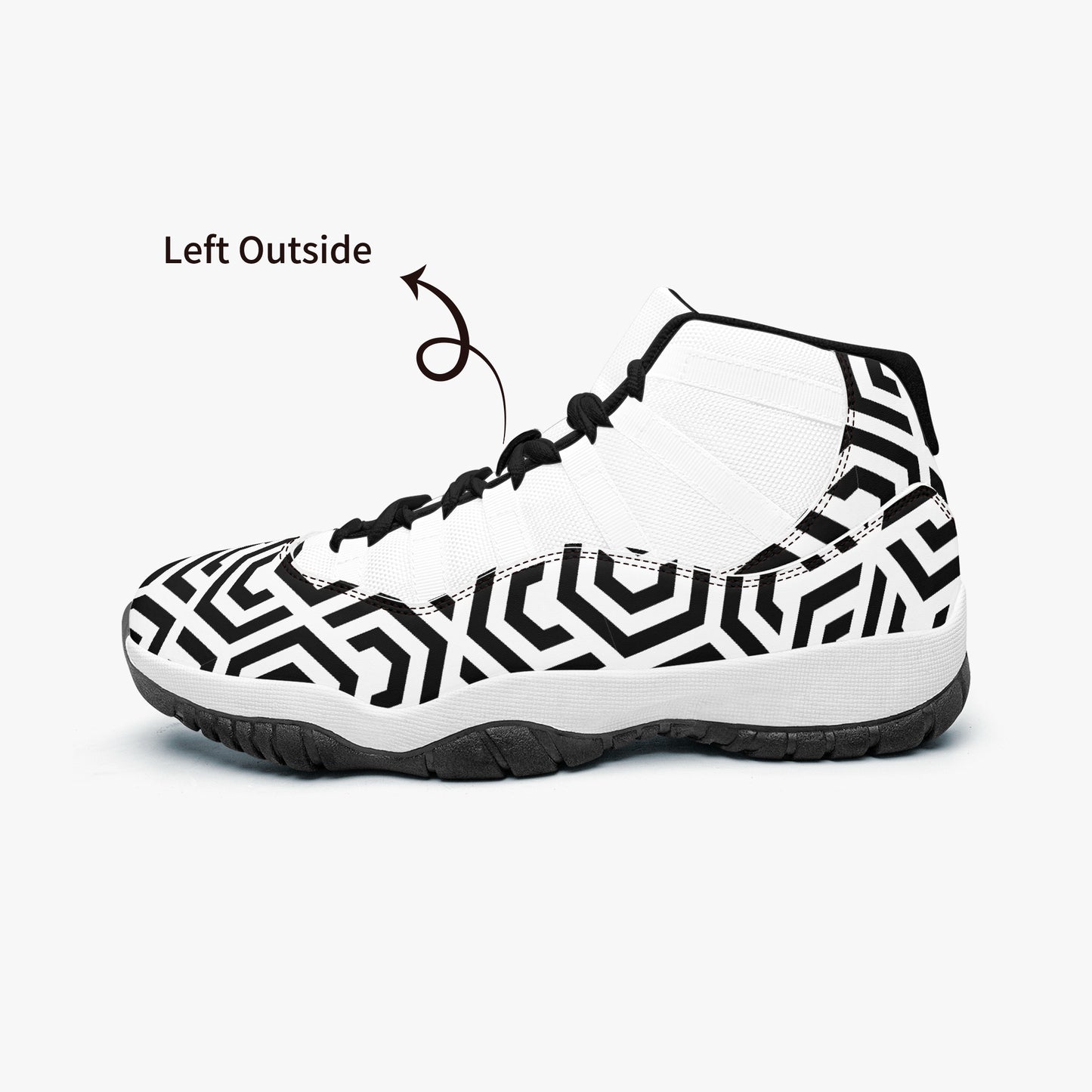 White sneaker with black geometric pattern on a white background