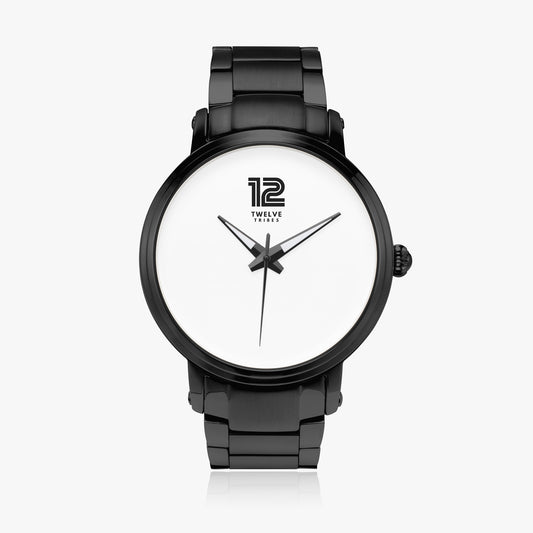 Black wristwatch with white face on a white background