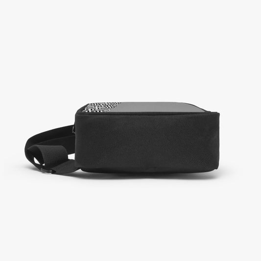 Black rectangular bag with a strap on a white background