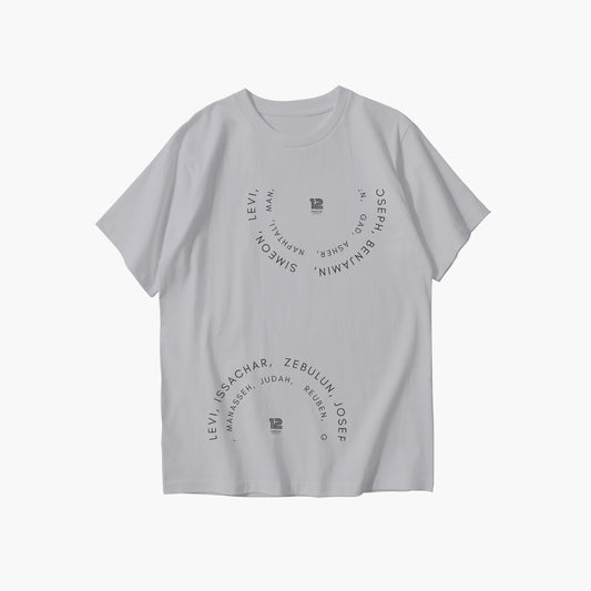 Gray t-shirt with text design on a white background