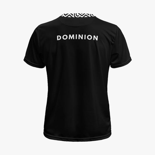 Black t-shirt with 'DOMINION' printed on the back against a white background