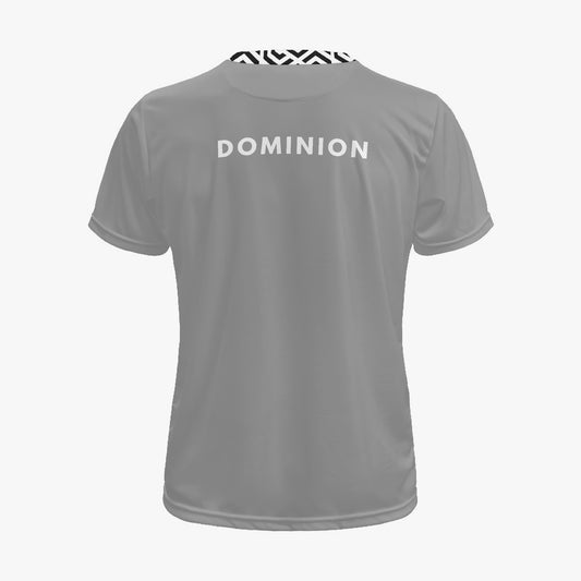 Gray t-shirt with 'DOMINION' printed on the back against a white background