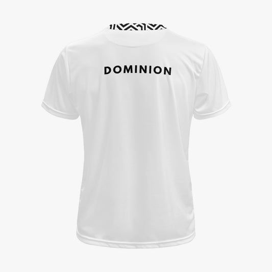 White t-shirt with 'DOMINION' text on the back against a white background