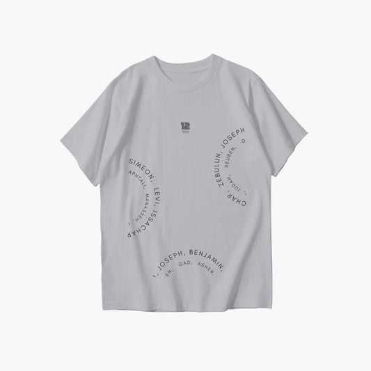 Gray t-shirt with text design on a white background