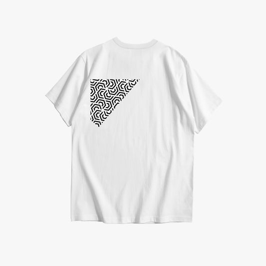 White t-shirt with a black geometric pattern on the back against a white background