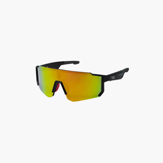Sunglasses with red and yellow reflective lenses on a white background