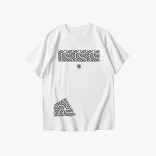 White t-shirt with black geometric patterns on a white background