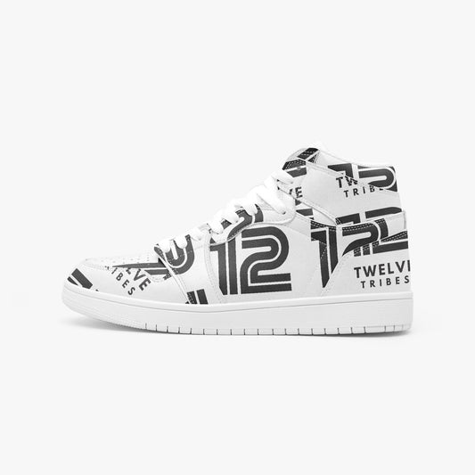 White sneaker with black patterns and branding on a white background
