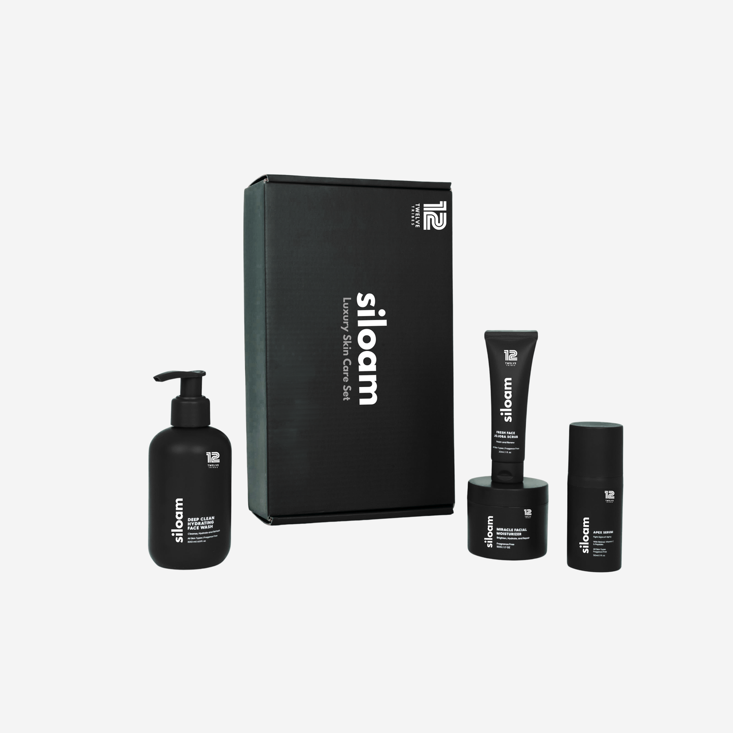 12 Tribes siloam skincare product set with black bottles and packaging on a white background