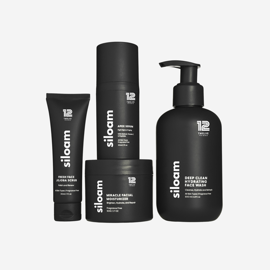 Set of 12 Tribes siloam skincare products on a light gray background