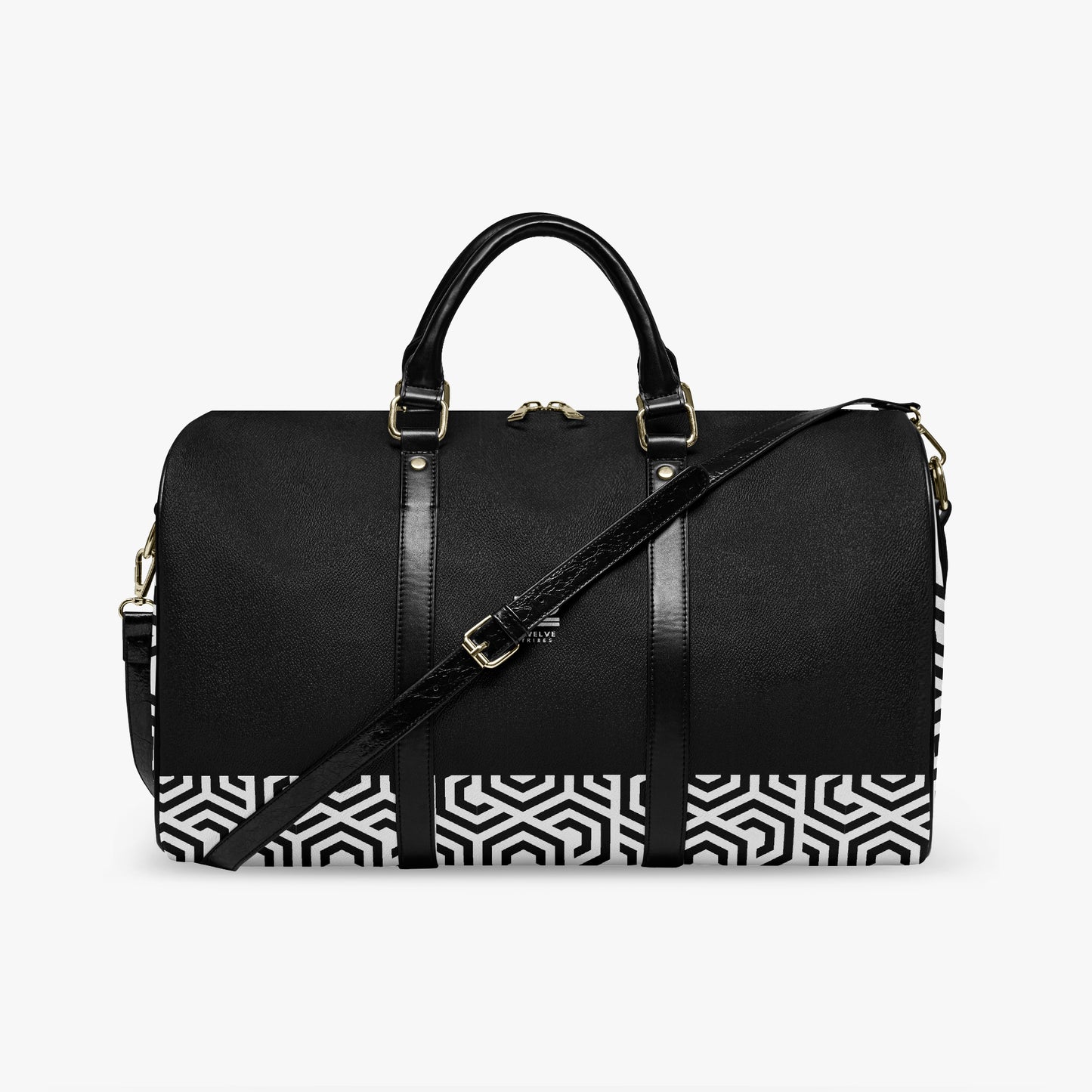 Black and white geometric patterned handbag on a white background