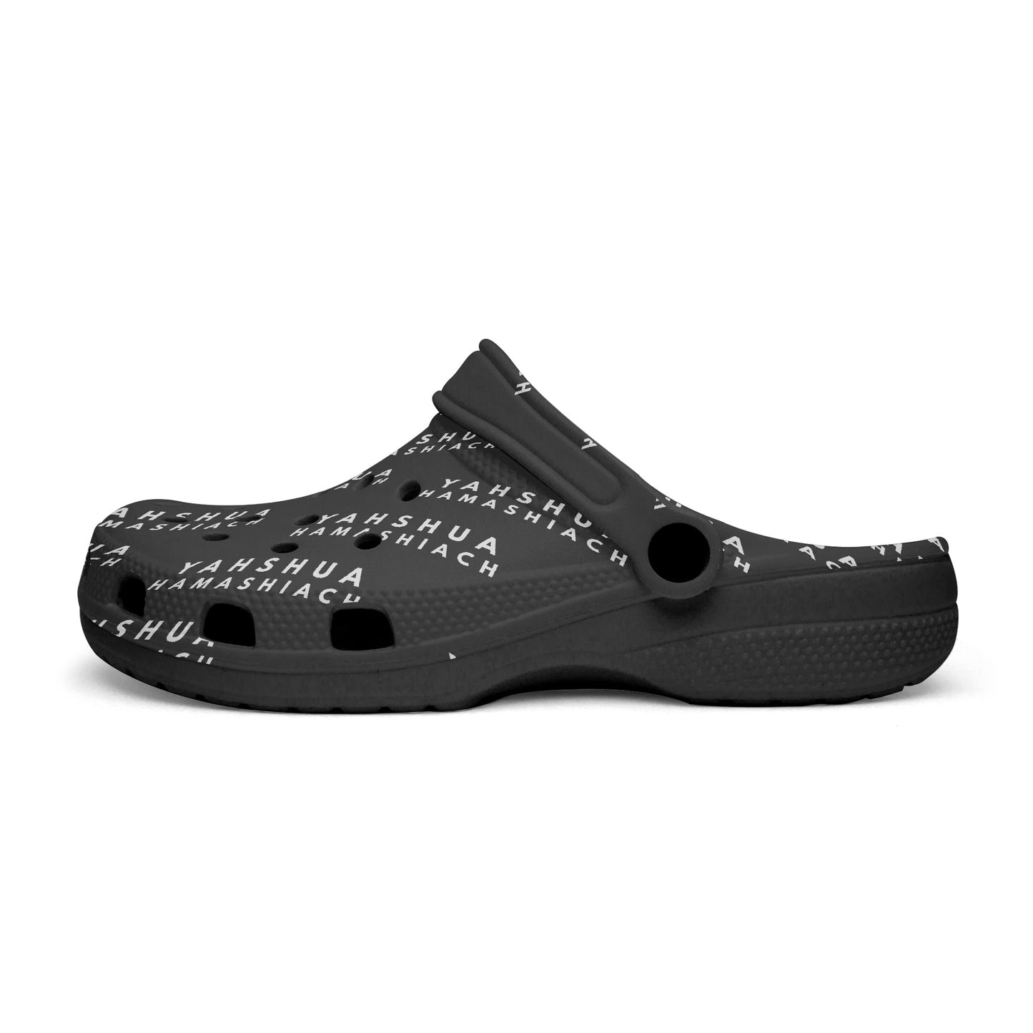 YAHSHUA HAMASHIACH Black-base AOP Clogs Side Left